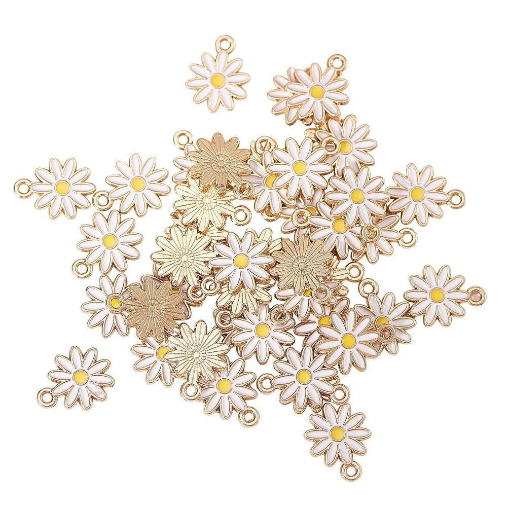 5197 100 Pcs Alloy Enamel Flower Charms White Chrysanthemum Daisy Golden